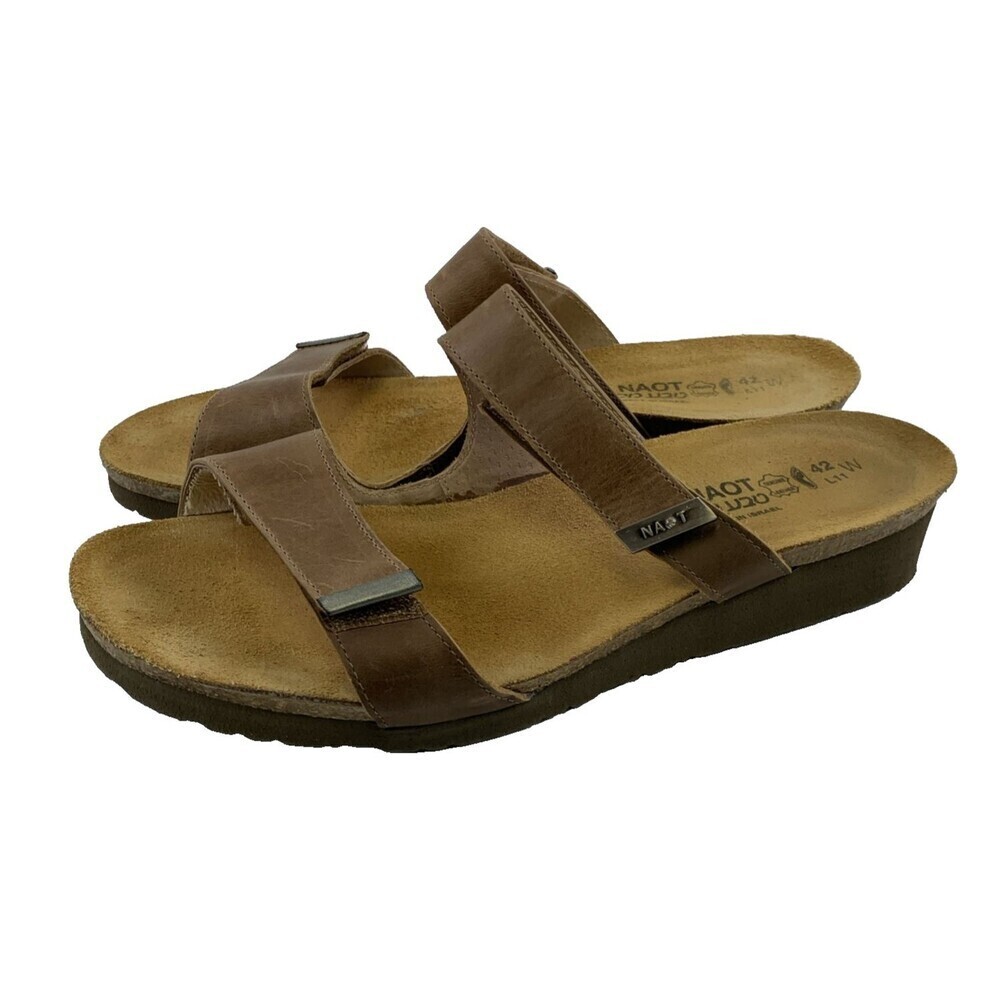 Naot Jacey Wide Sandal‎ Slide Brown Leather Adjustable Wedge Slip On Womens 11